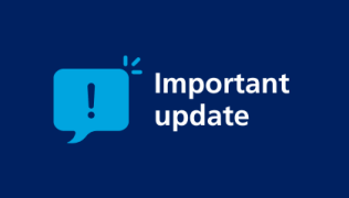 Text reading 'Important Update' on a dark blue background. There is a graphic of a speech bubble on the left in light blue. 