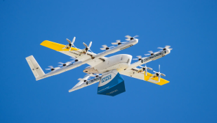 Photo of an NHS delivery drone in flight