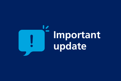 Text reading 'Important Update' on a dark blue background. There is a graphic of a speech bubble on the left in light blue. 