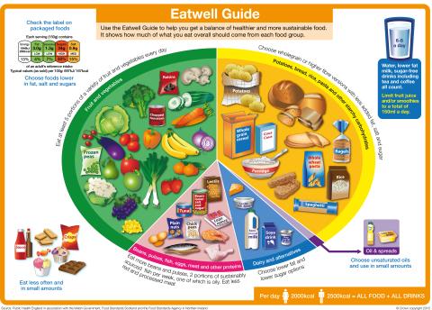 A picture showing how much of what you eat and drink should come from each food group. There is a circle shape with different coloured portions to represent the main food groups. Fruit and vegetables make up just over one-third of the circle, as do starchy foods. There are smaller sections for dairy and other options, and beans, pulses, fish, eggs, meat or other proteins. Around the coloured circle, there are healthy eating tips about fat, salt, sugars and fluids.